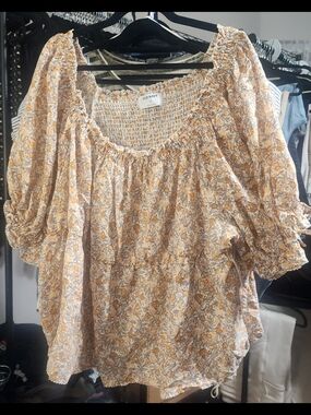OLD NAVY Off White And Yellow Floral Smocked Peasant Top